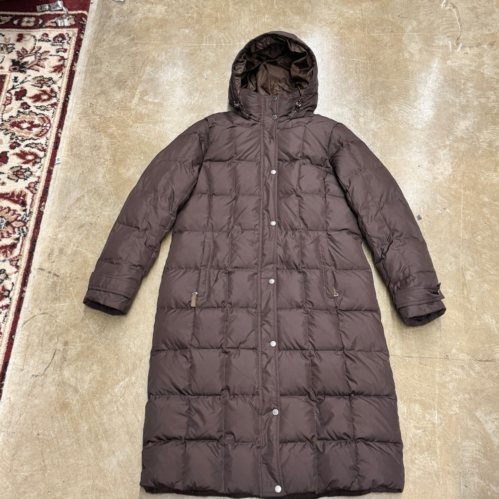 Size Large - Lands End Long Down Puffer Coat Brown Quilted Hooded Parka Jacket